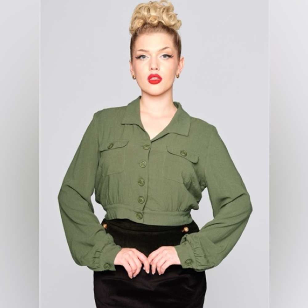 Collectif Poppy Gab Gaberdine Retro Green Cropped Button Up Top Jacket NWOT